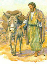 man leading a donkey, by Jody Eastman